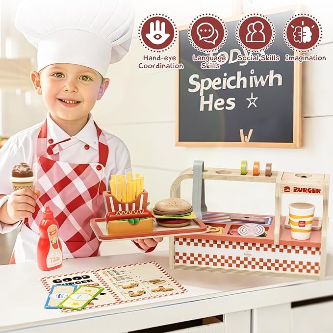 Lehoo Castle Wooden Play Food Sets, Toy Food for Kids Ages 4-8, Play Food Sets for Kids Kitchen, Play Hamburger Counter Shop, Fake Food Pretend Play for Toddlers 3-5