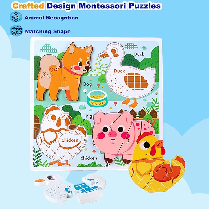 Farm Animal Puzzles for Toddlers 1-3, Kids Gifts for 2 3 Years Old Girls Boys,Wooden Puzzles for Toddlers 2-4, Montessori Toys Learning Educational Toys Ages 2-3