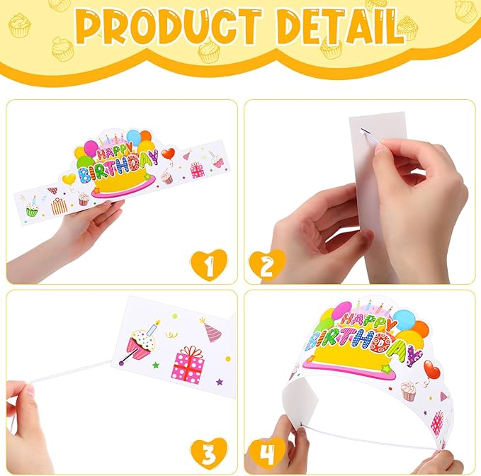 Yunsailing 108 Pcs Happy Birthday Party Supplies for Kids Include 36 Birthday Paper Crowns 36 Birthday Badge Stickers 36 Happy Birthday Slap Bracelets for Classroom School Party Supply (White Color)