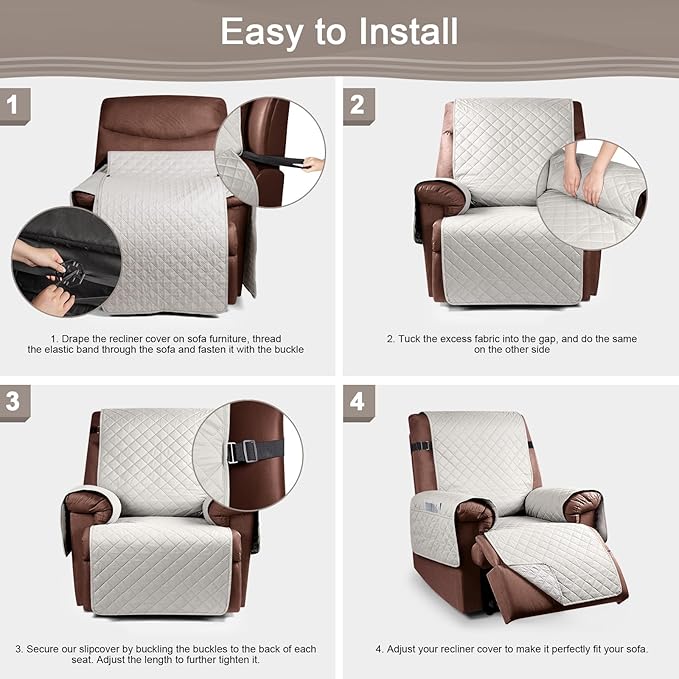 KinCam 100% Waterproof Recliner Chair Cover, Reclining Couch Covers for Pets, Dogs, Recliner Couch Slipcover Furniture Protector with Elastic Straps for Kids(23.6", Beige White)