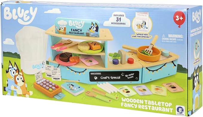 Bluey – Tabletop Restaurant – 32 Piece Wooden Roleplay Toy with Cutlery & Pretend Food Accessories for Kids – FSC-Certified Material – Fun Imaginative Kit for 3 Years and Up