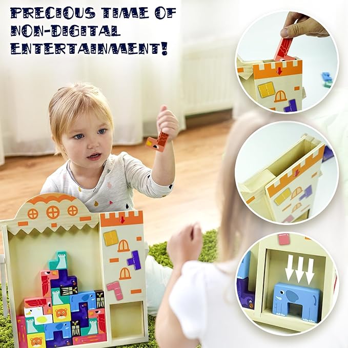 Wooden Blocks Puzzle 35 Pcs Tetra Tower Balance Stacking Board Game, Tangram Jigsaw Montessori Toys Team Building Blocks Family Games for Kids & Adults