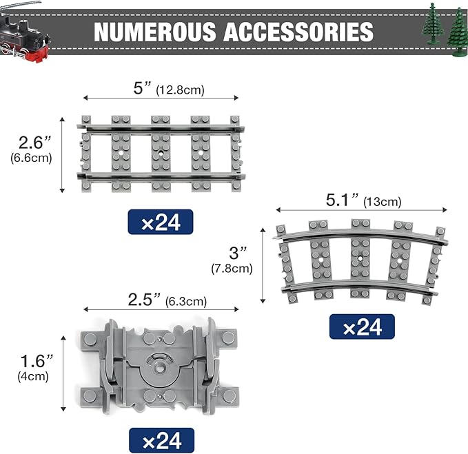 Classic City Train Tracks, 72 Pieces Railroad Track with 24 Flexible, 24 Curved and 24 Straight Tracks, Train Expansion Accessories Compatible with All Major Brands Train Tracks