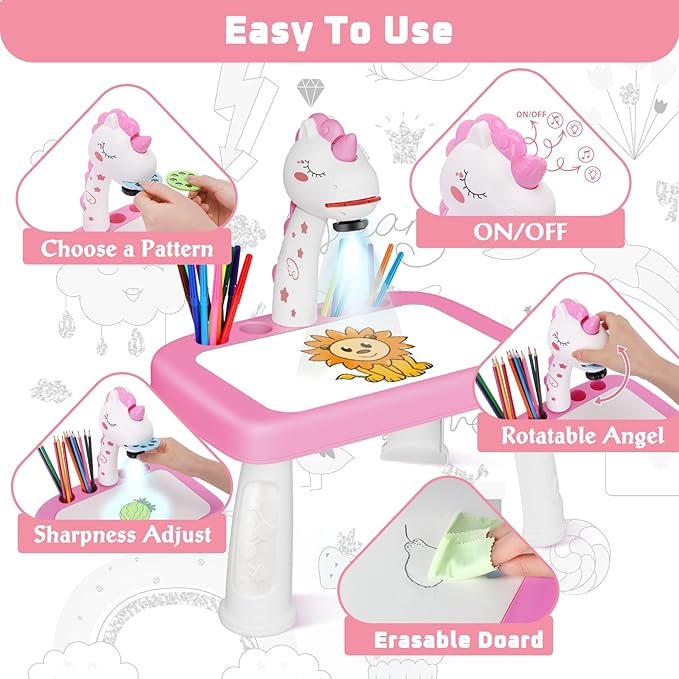 Drawing Projector for Kids,Projector for Drawing Toys for Ages 5-7,Drawing pad with Music,Pencils,Crayons,Scrapbook,Sticker Book,Unicorn Stickers,Kids Projector Unicorn Toys for Girls Age 4-6