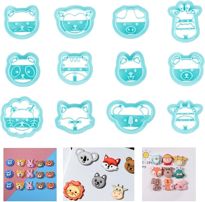 ORIGACH 12 Style Cute Animal Clay Cutters, Animal Studs Polymer Clay Cutters Set Cat Bear Pig Cow Clay Cutters for Earring Making Small Animal Face Studs Clay Cutters for Jewelry Making
