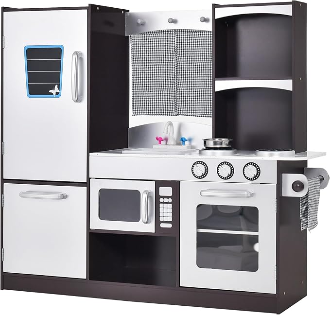 Costzon Kids Kitchen Playset, Wooden Toddler Kitchen Toy Set with Realistic Sound, Microwave, Oven, Refrigerator, Chalkboard & Towel Rack, Pretend Play Kitchen, Gift for Boys Girls (Coffee)