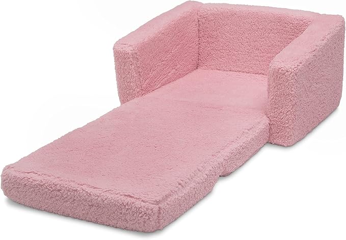 Delta Children Cozee Flip-Out Sherpa 2-in-1 Convertible Chair to Lounger for Kids, Pink