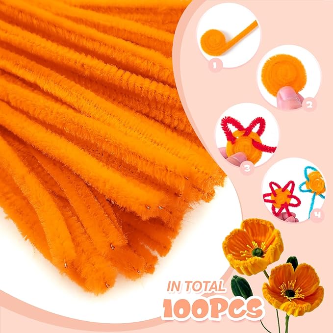 TOAOB 100pcs Pipe Cleaners Orange Pipe Cleaners Chenille Stems 6mm x 12 Inch Fuzzy Sticks Crafts Supplies for DIY Art Crafts Decorations