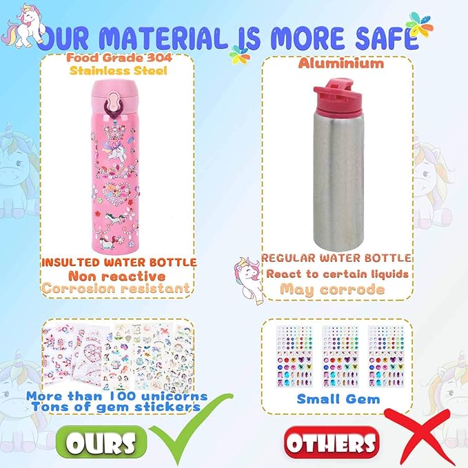 YOFUN Decorate Your Own Water Bottle with 11 Sheets of Unicorn Stickers & Glitter Gems, Craft Kit & Art Kit for Children, Gift for Girls Age 4 5 6 7 8 9 10 Years Old Kids, BPA Free Insulated (Pink)