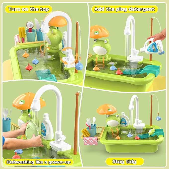 Dreamon Play Sink Toy with Running Water, Kids Play Kitchen Accessories with Automatic Water Circulation, Pool Floating Fishing Game, Toddler Kitchen Playset for Boys and Girls