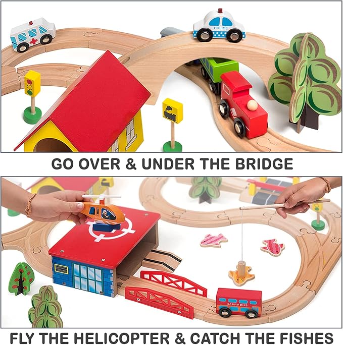 Wooden Train Set - 69 Pieces Wooden Train Tracks & Trains for Kids, Toddler Boys and Girls 3,4,5 Years Old and Upā Premium Wood Construction Toys -Fits Thomas, Brio, IKEA, Melissa and Doug
