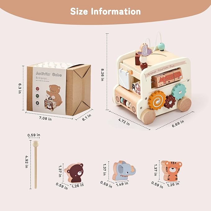Wooden Activity Cube 8-in-1 Montessori Toys | Multifunctional Early Educational Learning Toys | Activity Cube for Baby Shape Sorter Xylophone Animal Travel Bus Toys Boy Girl Birthday Gift(Beige Bus)
