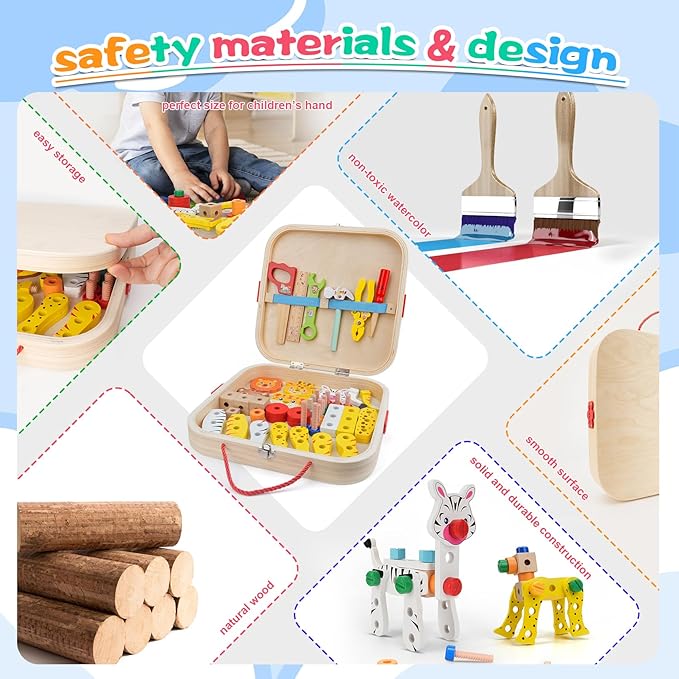 Wooden Animal Tool Box for Kids, Contains Stickers, Screws, Assembly Tools, Animal Building Blocks, Children's Montessori Building Block Assembly Toy, Ideal Gift for Boys and Girls 3,4,5,6