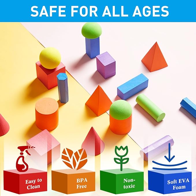 Wettarn 24 Pieces Large Size Foam Geometric Solid Blocks 3D Shapes Assorted Colors Foam Blocks for Teaching School, Family, Toddlers, Preschool Supplies, 12 Shapes