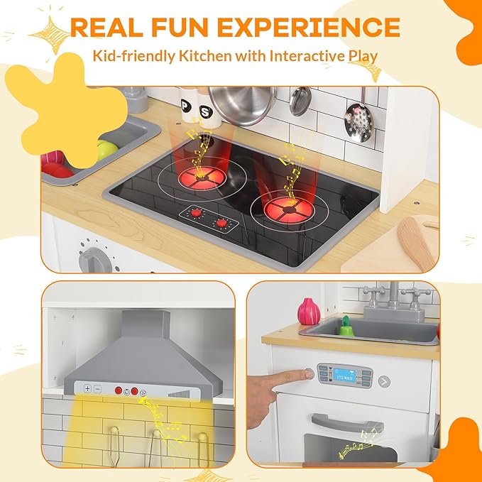 Play Kitchen for Kids, Wooden Kitchen Toy Playset with Stove, Oven, Sink and 17 Pcs Toy Food & Cookware Acces, Pretend Play Kitchen with 2 Fabric Drawers for Toddlers, Preschoolers Age 3+ Years, White