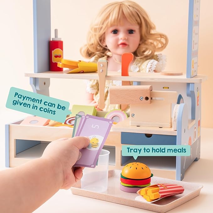 ROBOTIME Wooden Pretend Play Food Set for Kids, Hamburger Set Shop with Sandwich Counter Toys, Play Kitchen Food Toys for Toddlers Ages 3+
