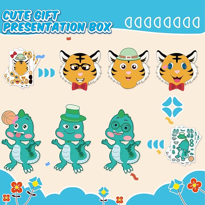 sinceroduct Make a Face Stickers for Kids, 60 PCS Multicolor Animal Decals, Paper Surface, Reusable, for Party Favors, Gifts, Rewards, Art Craft