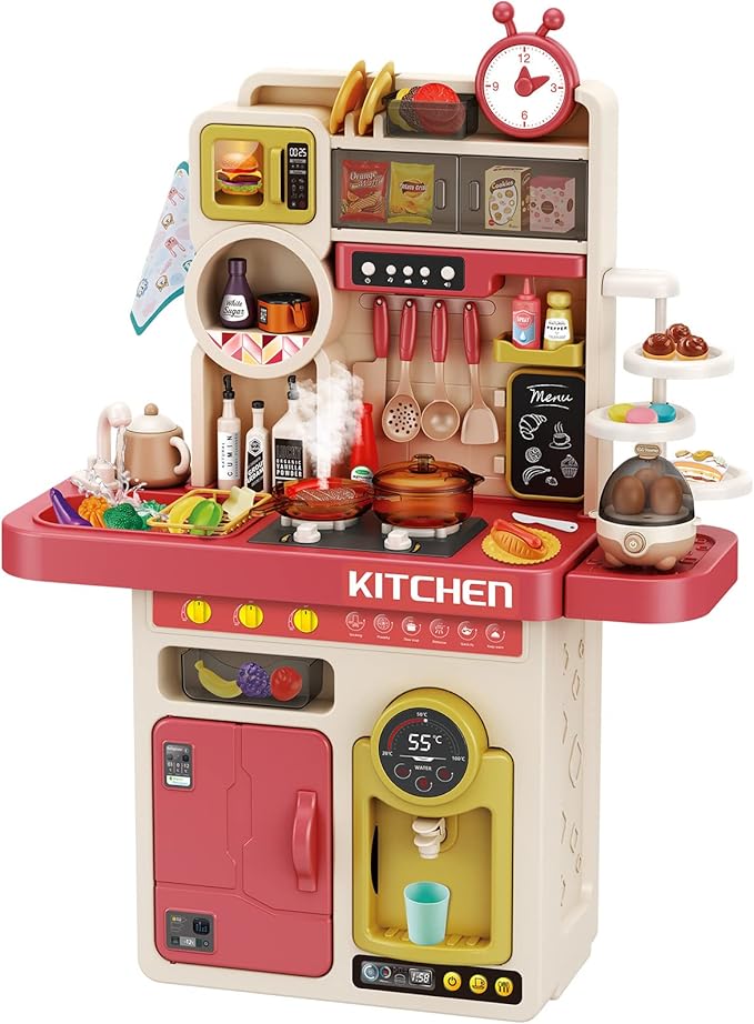 Deejoy 89 PCS Kitchen Playset, Kids Kitchen Toys with Realistic Lights and Sounds, Pretend Steam and Water Tank Functions, Kitchen Color Changing Play Food Accessories for Boys and Girls (Green)