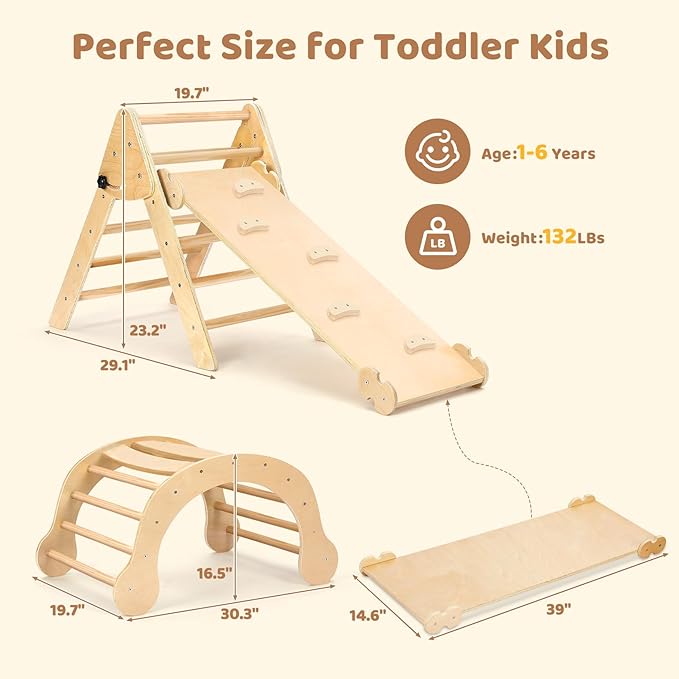 YOLEO 7-in-1 Pikler Triangle Set, Large Wooden Climbing Toys for Toddlers 1-3 Inside, Montessori Fun Toddler Climbing Toys Indoor Playground and Jungle Gyms Playset,Easy-Fold Pikler Triangle (Natural)