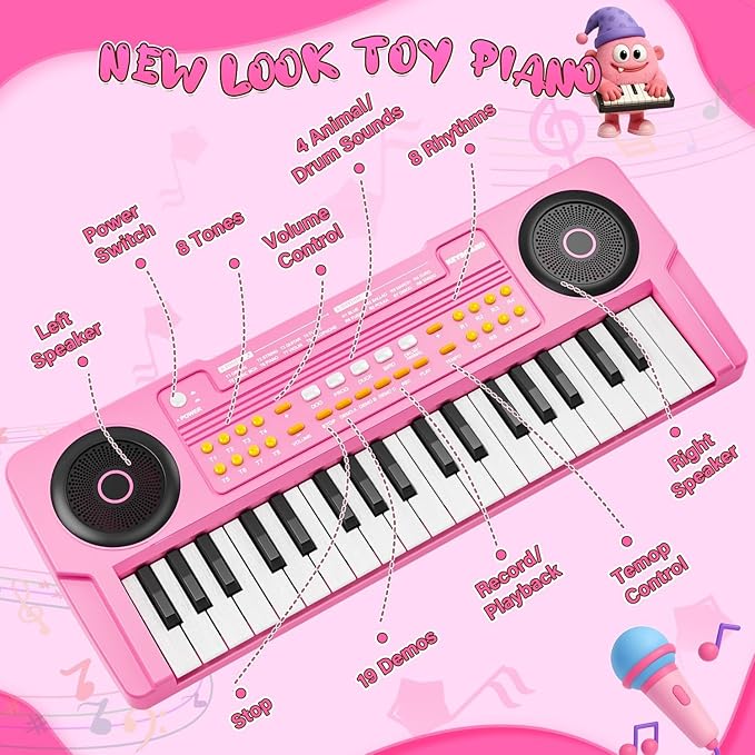 Upgraded Kids Piano Keyboard – 37 Keys Toddler Keyboard with Microphone Learning Instrument Musical Toys for 3 4 5 6 Boys Girls Birthday Gift, Pink