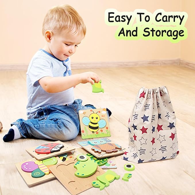 Wooden Puzzles for Toddlers 2-4, 6 Pack Animal Puzzles for Age 1-3, Montessori Educational Toy for 1,2,3,4 Years Old Boys and Girls, Baby Toys Gifts Package Storage