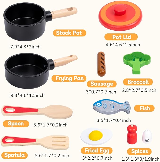 Wooden Play Kitchen Accessories for Toddlers, Kids Pretend Play Pots and Pans Food Cooking Toy, 11 Pieces Montessori Kitchen Tools Gifts for Boys Girls Ages 3 4 5 6 Years Old