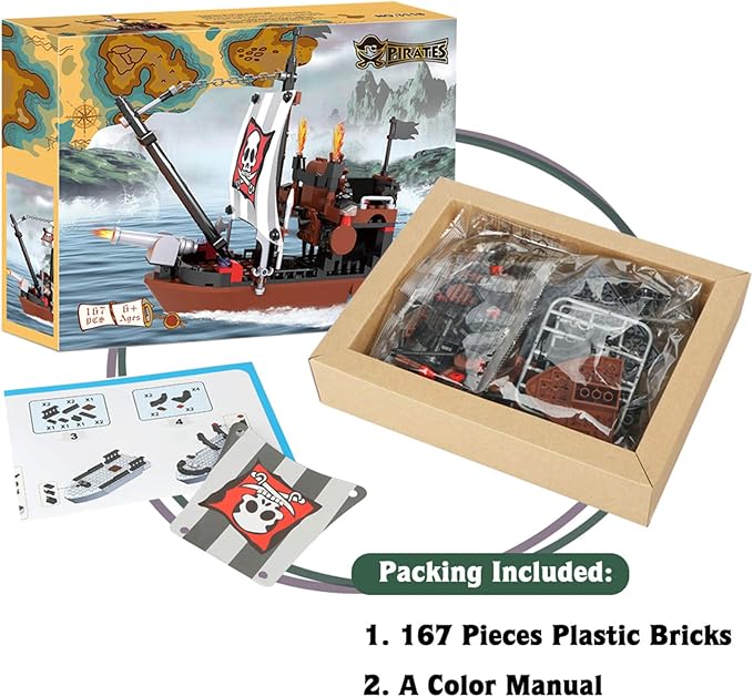 BRICK STORY Pirate Ship Building Blocks with 3 Mini Toy Figures, Boat and Ship Model Pirate Toys Building Kit Pirate Adventure Toys Sets Building Bricks Gifts for Boys Girls Age 6-12 and Up, 167pcs