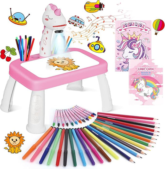 Drawing Projector for Kids, Drawing Board with Music, Color Pens, Pencils, Crayons, Scrapbook, Unicorn Sticker Book, Ideal Toy for 3+ Year Old Girls & Boys (Unicorn Kit)