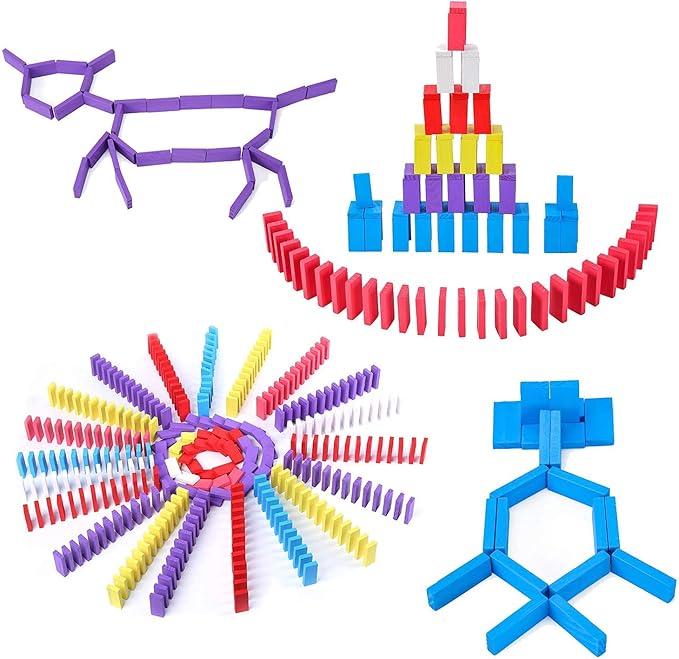 Wondertoys 600 PCS Dominoes Set for Kids Wooden Building Blocks 6 Colors Bulk Dominoes Racing Tile Games Educational Toy for Kids Birthday Party with 11 Add-on Blocks and 1 Storage Bag