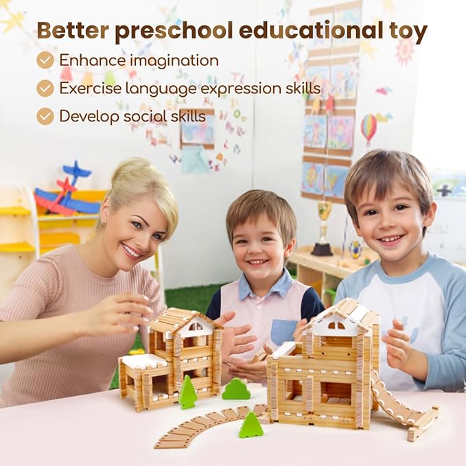 Jovi-mindly 96 PCS Wooden Blocks Wooden Toys with Storage Bag, Preschool Learning Toys Wood Blocks Building Toys for Kids Ages 4-8 Creative Construction Game,FSC Certified
