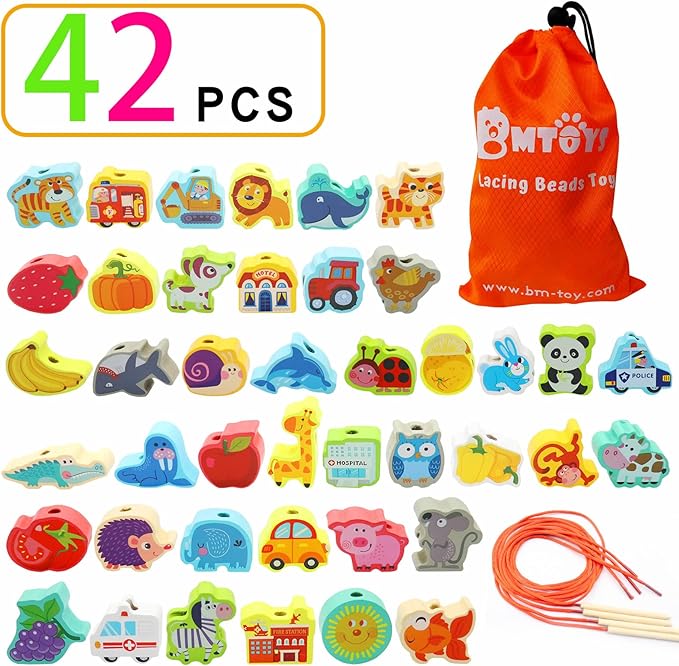 BMTOYS Wooden Lacing Beads Montessori Educationa Threading Learning Toys for 3+ Year Olds Preschool Activities Stringing Toys for Boys Girls