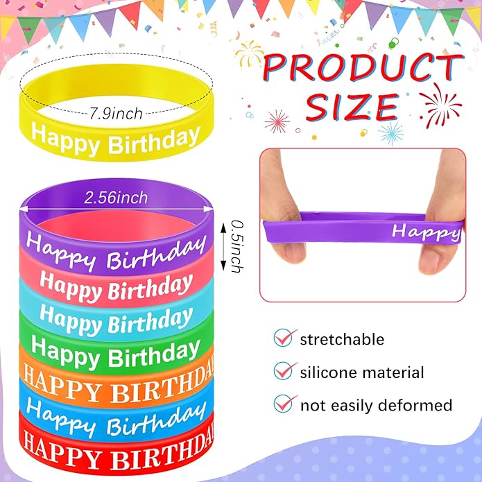 Sratte 120 Pcs Happy Birthday Rubber Bracelets for Kids Stretch Wristbands Bulk Birthday Bracelets for Classroom Student Back to School Gift Teacher Birthday Party Favors Supplies