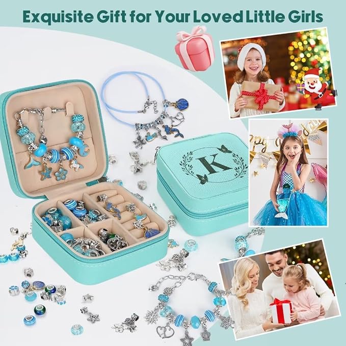Charm Bracelet Making Kit, Kid Jewelry Making Kit for Girls 8-12, Unicorn Craft Kits for Teen Girls Toys Ages 3-10 Years Old Girl Gifts Trendy Stuff Birthday Christmas Gift with Initial Jewelry Box- K