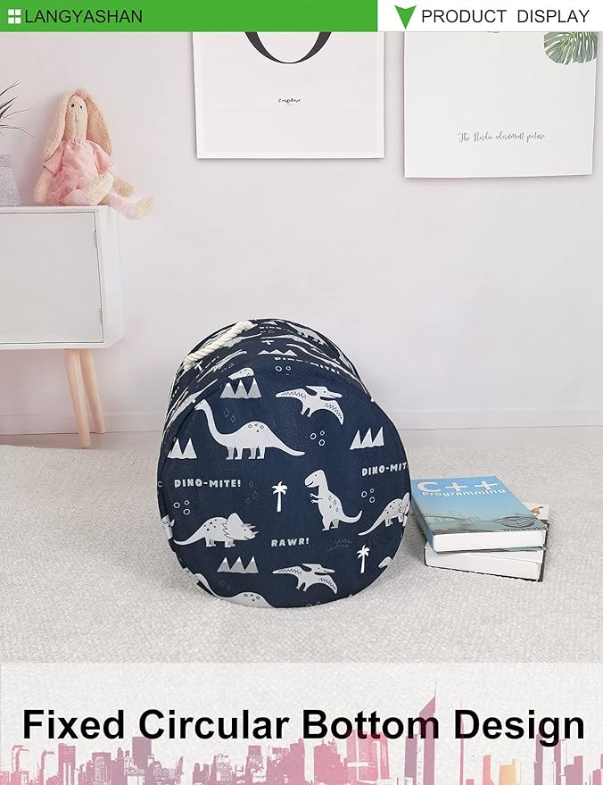 LANGYASHAN Laundry Basket Canvas Collapsible Organizer Storage Basket for Boys Girls Laundry Hamper Toy Bins Gift Baskets Bedroom Clothes Children Nursery (Blue Dinosaur)