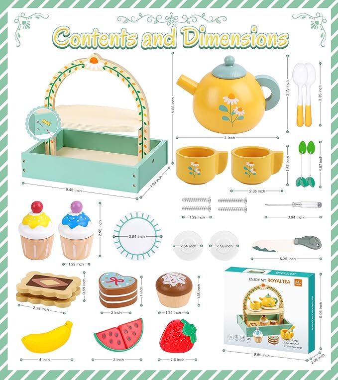 Wooden Tea Set for Toddlers Girls, Tea Party Set Food Pretend Play Kitchen Playset for 3 4 5 6 Years Little Girls, Jeowoqao Portable Princess Tea Party Toys Gifts with Cutting Fruit