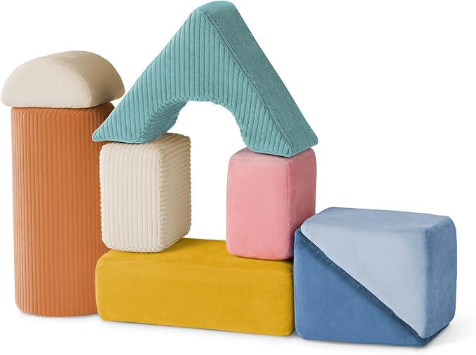 B. Toys - Sensory Foam Building Blocks for Kids - 8-Piece Textured Stacking Toys for Babies 6-12 Months - Soft Geometric Shapes with Tactile Fabric Cover - Foam Blocks for Toddlers