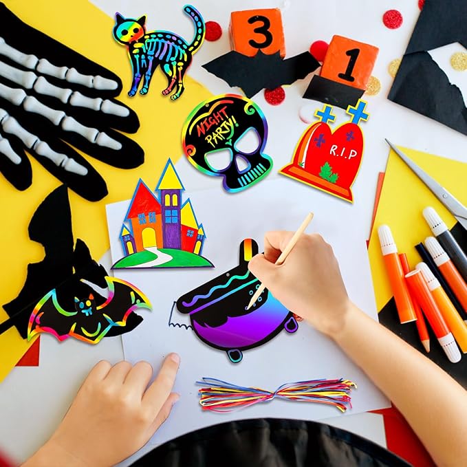 Max Fun Halloween Crafts Scratch Off Art Paper Cards 48Pack, Magic Rainbow Ornaments Hanging Supplies Educational Toys Kit Halloween Party Games Favor