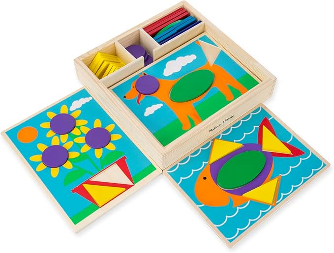 Melissa & Doug Beginner Wooden Pattern Blocks Educational Toy, 5 Double-Sided Scenes and 30 Shapes, 10.65” H x 10.65” W x 2.3” L (Beginning Skills and Activities)