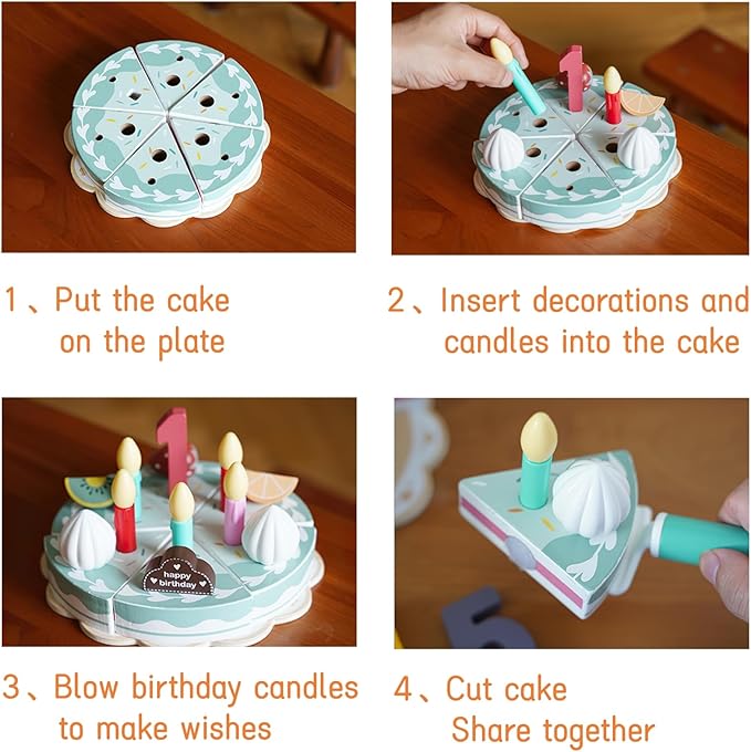 Wooden Birthday Cake Play Food Set Toys, Pretend Play Kids Tea Party Set for Little Girls Toddlers, Montessori Wooden Play Kitchen Accessories Sets for Kids (Birthday Cake)