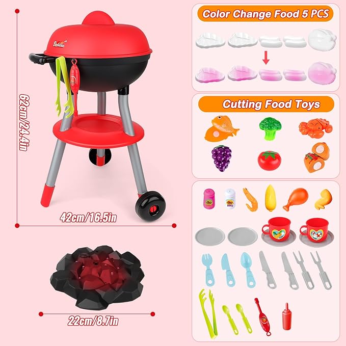 deAO Kids BBQ Grill Playset,36 Pcs Kitchen Toy with Realistic Smoke,Light,6Pcs Change Color Pretend Foods,Cutting Foods Toys,Interactive BBQ Toy Set for Kids