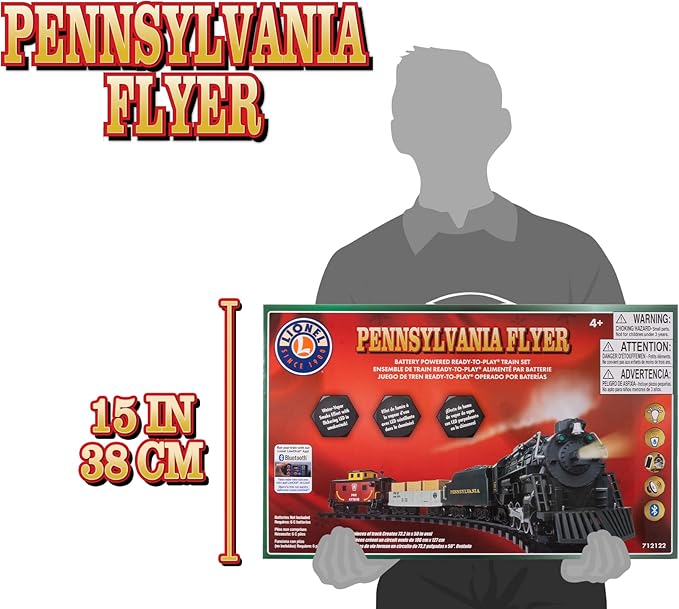 Lionel Battery-Operated Pennsylvania Flyer Freight Toy Train Set with Bluetooth, Locomotive, Train Cars, & Track with Authentic Train Sounds, Lights, & Water Vapor Smoke Effects for Kids 4+