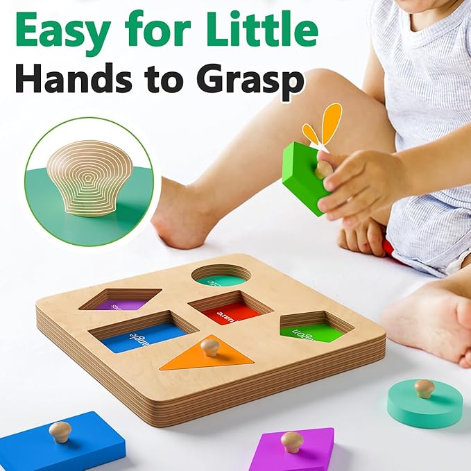 Wooden Shapes Puzzles for Toddlers 1-3, Montessori Toys for 1 2 Year Old Boy Birthday Gifts, Shape Color Match Peg Puzzles, Learning Educational Toys for Toddlers Age 1 2 Year Old Girl