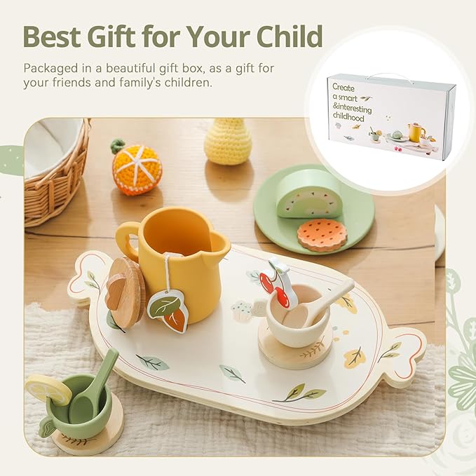 Tea Party Set for Little Girls, Silicone & Wooden Tea Set for Toddler with Silicone Teapot Cups Carrying Tray Scoop, Pretend Play Accessories Kids Kitchen Wooden Toys for 3 4 5 6 Year Old (Green)