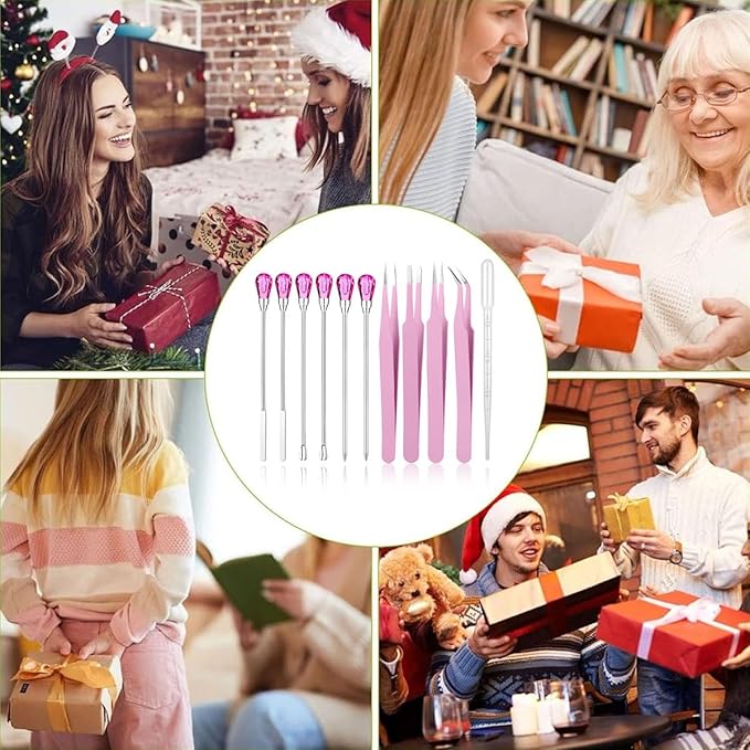 11 Pcs Silicone Resin Mold Tools Set Stirring Needle Spoon Tool Tweezers Precision Kit, Anti-Static Electronics Tweezers Set for Resin Art Crafts,Jewelry Making,DIY Epoxy Casting Molds-Rose Red & Pink