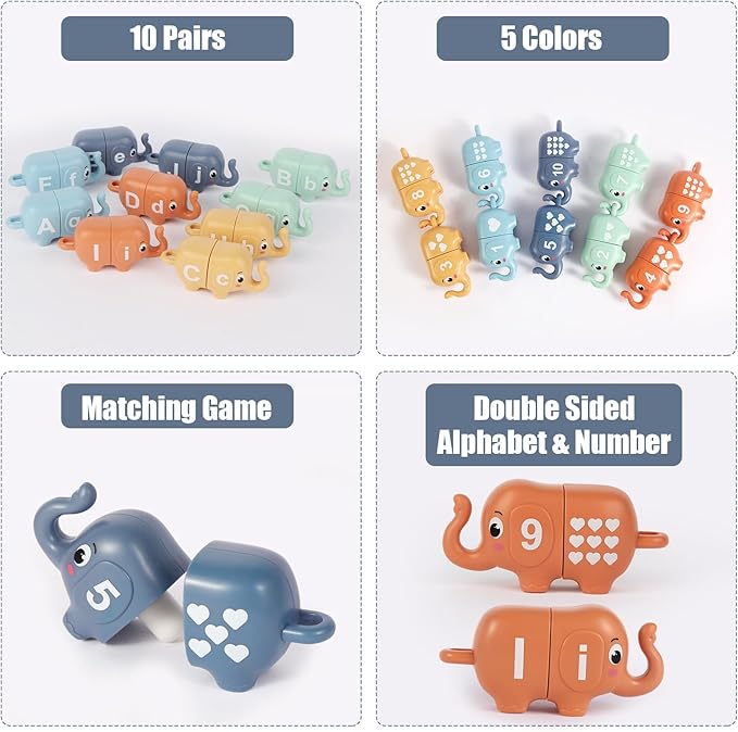 10PCS Elephant Number & Alphabet Learning Toys for Toddlers 2-4, Toddler Preschool Learning Activities, Educational Montessori Toys for 2 Year Old, Double Sided Matching Game 1-10 & A-J