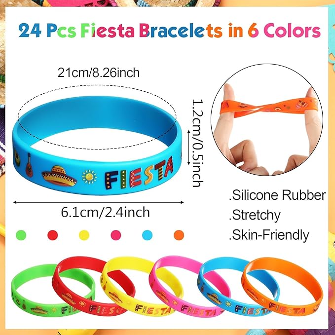 Xinnun 24 Pcs Mexican Fiesta Rubber Bracelets Fiesta Party Silicone Wristbands Mexican Party Favors with Taco Cactus Piñata Pattern for Let's Fiesta Cinco De Mayo Party(Fiesta)