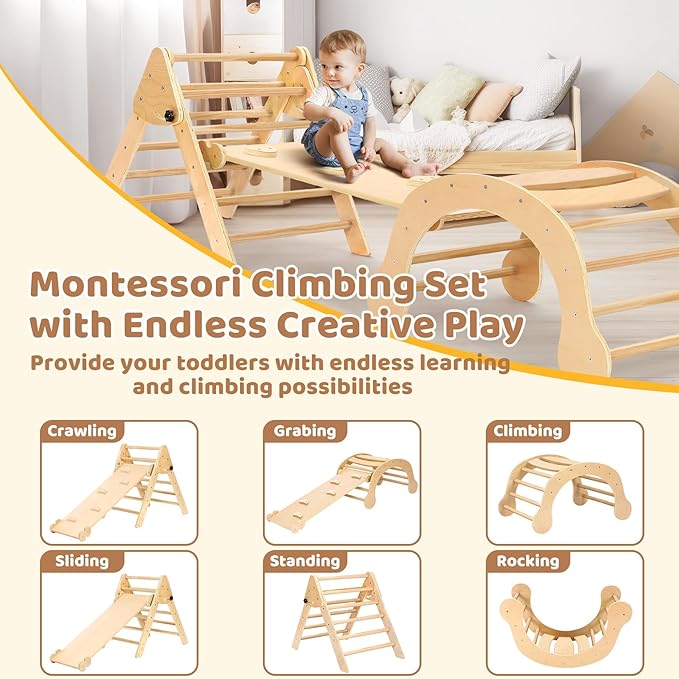 YOLEO 7-in-1 Pikler Triangle Set, Large Wooden Climbing Toys for Toddlers 1-3 Inside, Montessori Fun Toddler Climbing Toys Indoor Playground and Jungle Gyms Playset,Easy-Fold Pikler Triangle (Natural)
