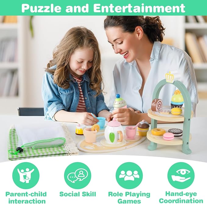 Wooden Tea Party Set, Toddler Tea Set for Little Girls 3-5 with Picnic Mat & Cupcake Stand & Play Kitchen Accessories, Wooden Toys for Toddlers 2 3 4 5 6 Years Old for Garden Picnics and Parties