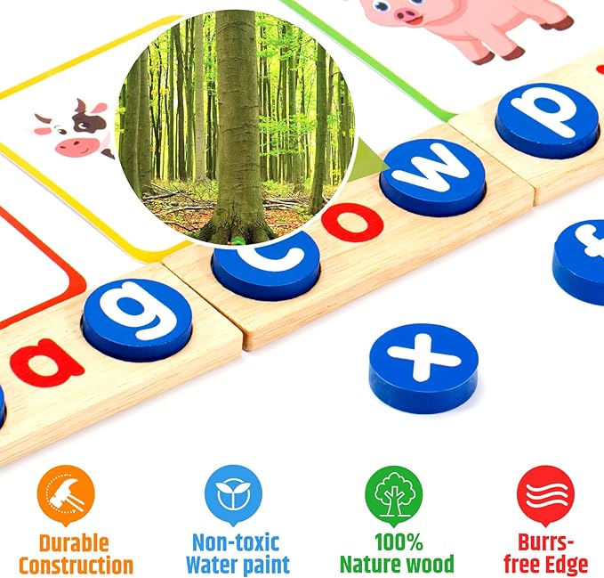 Wooden CVC Word Spelling Games, Educational Toys for 3-6 Years Old Kids,Kindergarten Learning Activities, See and Spell Learning Toys for Kids 3-5