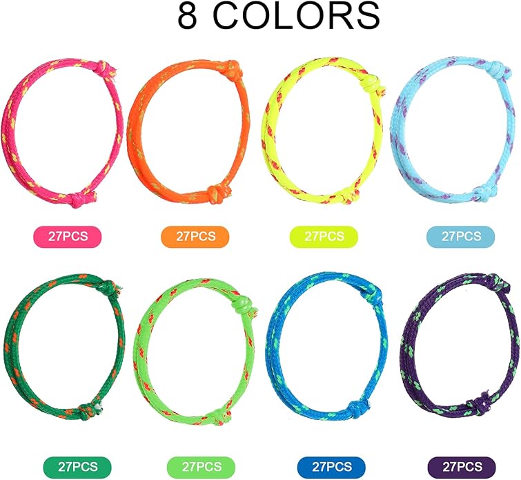 WILLBOND 216 Neon Friendship Bracelets Bulk for Kids Birthday Classroom Student Gift Adjustable Paracord Bracelets Rope Woven Neon Colors Valentine Day Gift Girls Boy Party Favors